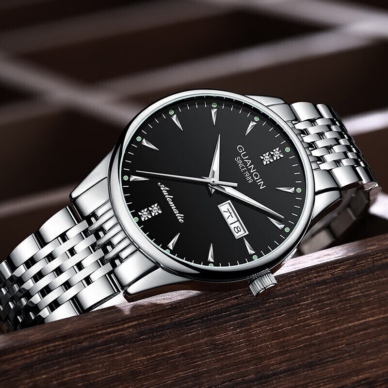 冠琴（GUANQIN） 名表 新款手表男士全自动机械商务休闲防水夜光男表精钢时尚简约 冠琴 16221精钢黑面 免费刻字