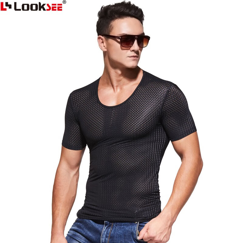 鹭珂鸶(looksee)夏季冰丝网孔短袖t恤男透气快干紧身打底圆领简约t恤y