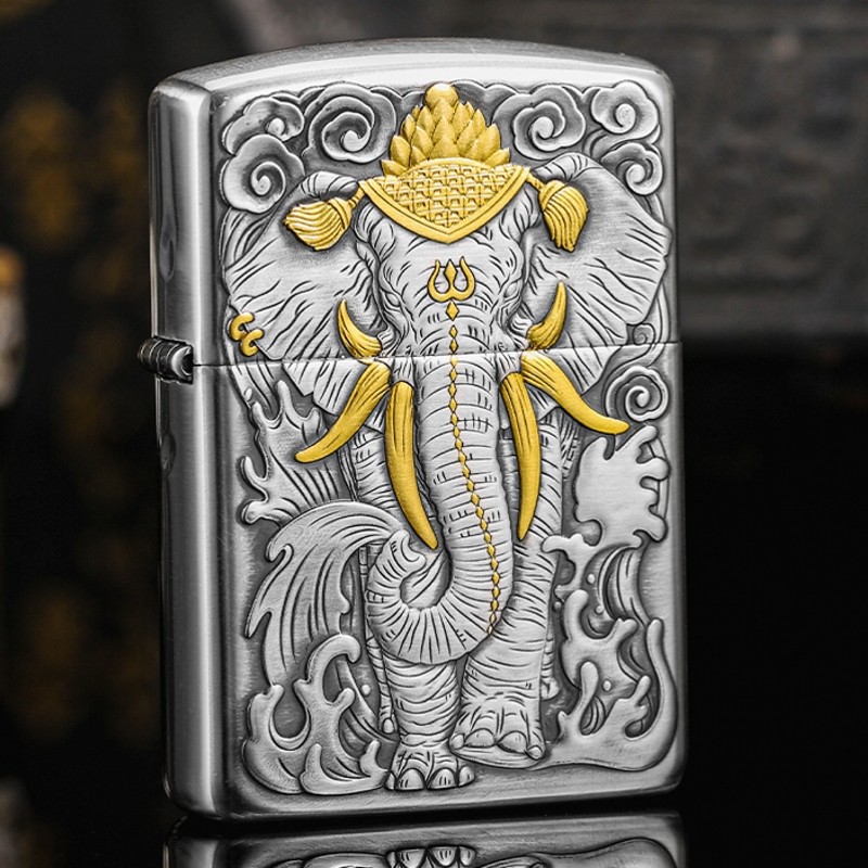 芝宝银盔甲贴金六牙象王 定制男士送礼收藏级煤油防风火机 六牙白象王