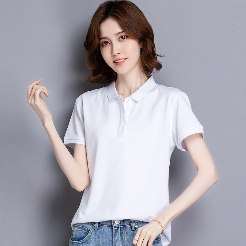 的女士短袖短袖polo衫女棉有有领翻领半袖t恤定制印logo 白色{女款} s