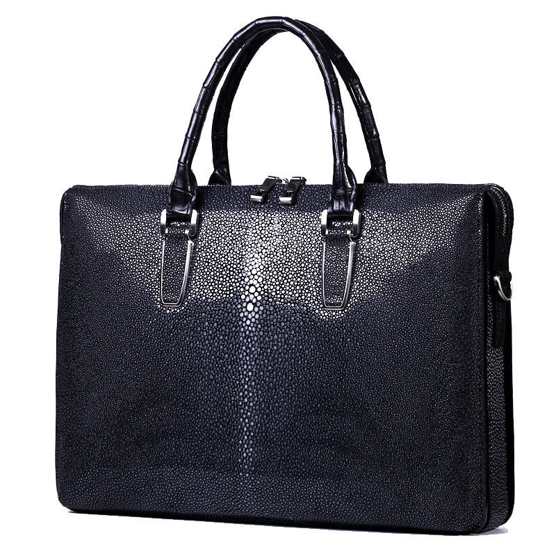 莱肯驰珍珠鱼皮手提包男士商务律师公文包时尚魔鬼鱼纯皮牛皮男包