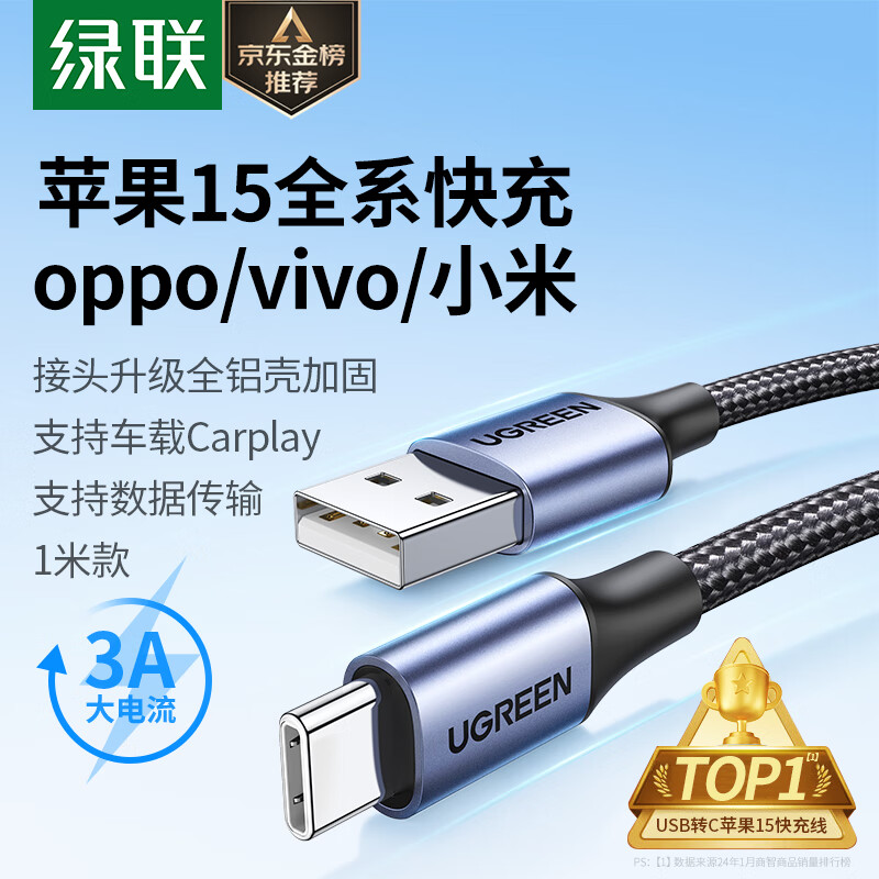 绿联（UGREEN）苹果15充电线Type-C数据线3A快充线USB-C适用iPhone15ProMax/华为Mate60荣耀手机Carplay车载1米使用感如何?