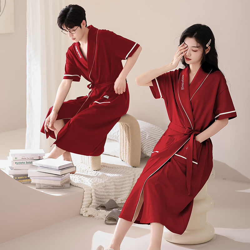 莫代尔睡袍女士夏季纯棉短袖情侣睡衣2025新款男士大码长款浴袍家居服 KL24173情侣 M 女+男3XL