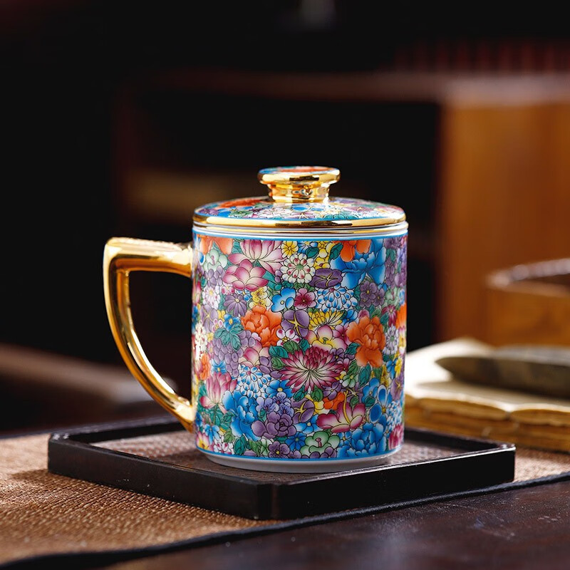 裂均景德镇陶瓷万花珐琅彩办公杯茶杯茶水分离杯子家用带盖茶漏中式大 直升杯