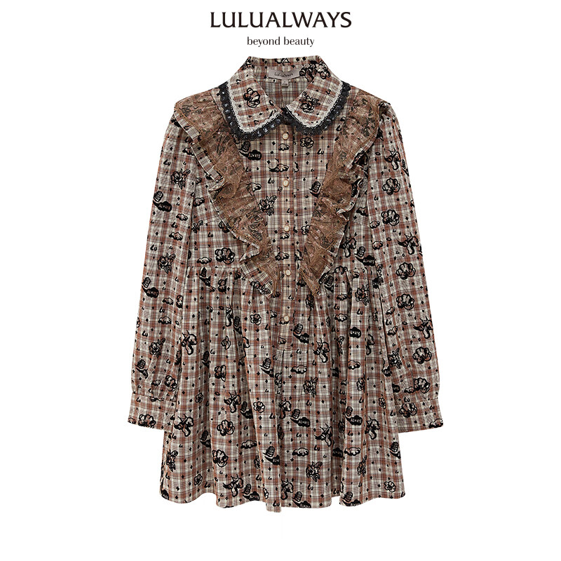 LULUALWAYS冬季新款气质格子宽松提花中长款连衣裙 卡其色 L