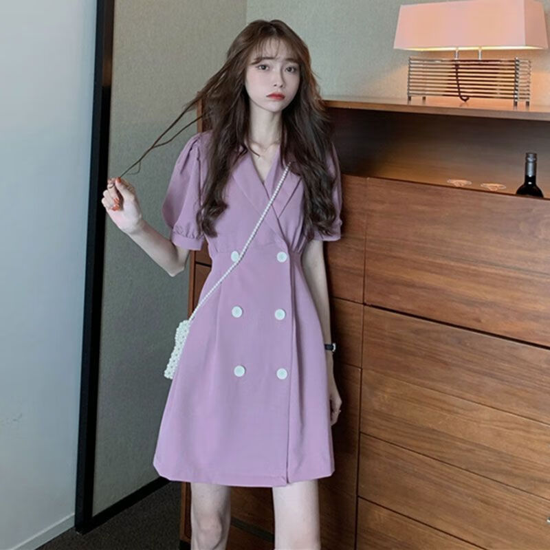老师面试服装老师上课穿的连衣裙长款职场法式高腰连衣裙女短 紫色 s