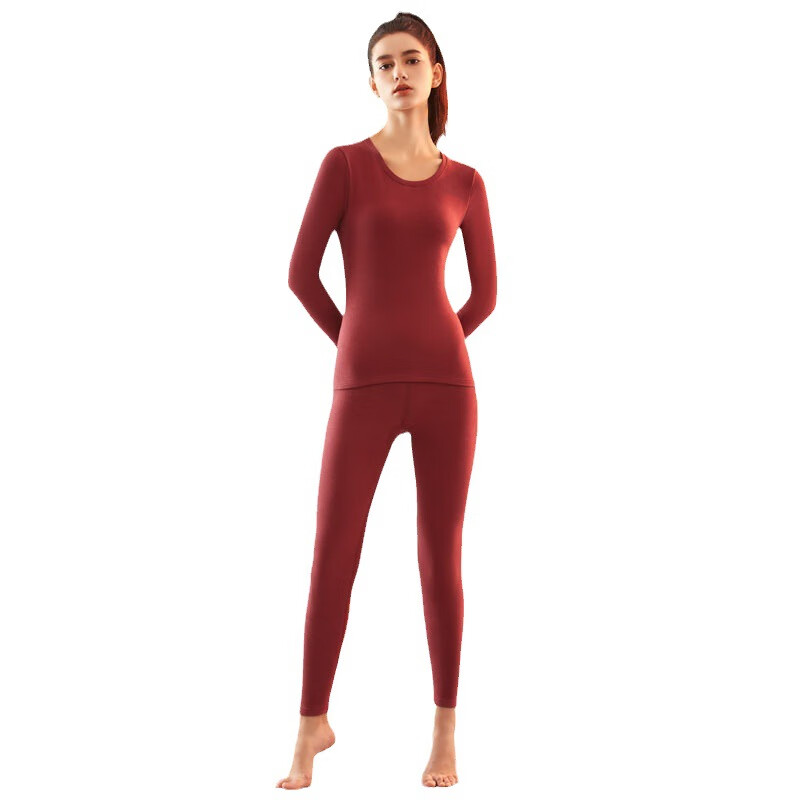 佧森滋女生圆领棉保暖内衣加厚女士保暖秋衣秋裤冬季中老年打底衫套装 绛红厚款 M