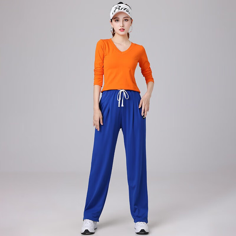 丽萍广场舞2023春秋季新款服装长袖运动套鬼步舞跳舞 橙色长袖 蓝色裤