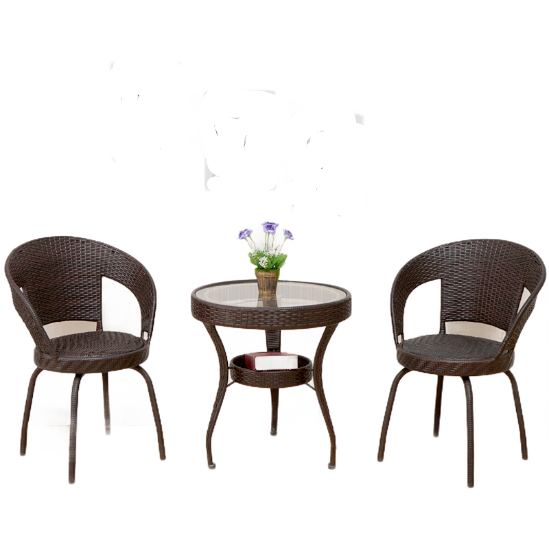 忆琳居  阳台桌椅藤椅三件套可旋转椅子小茶几庭院休闲方桌腾椅靠背椅组合 1（圆）桌2椅-深棕色
