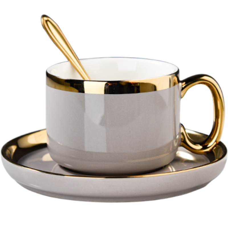 SUCCOHOMEWARE 欧式咖啡杯套装陶瓷杯礼盒装带托盘轻奢办公室家用下午茶杯 灰色大金（一杯一碟一金勺）