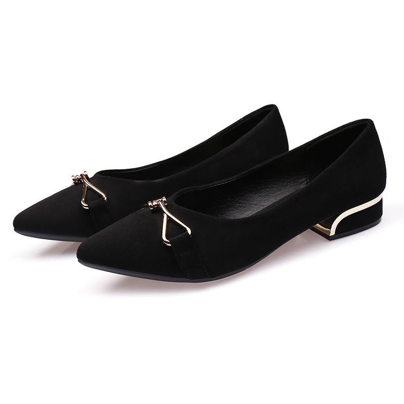 胜菡单鞋瓢鞋女士尖头平底船鞋真皮足百搭女春款款软皮黑色工作鞋