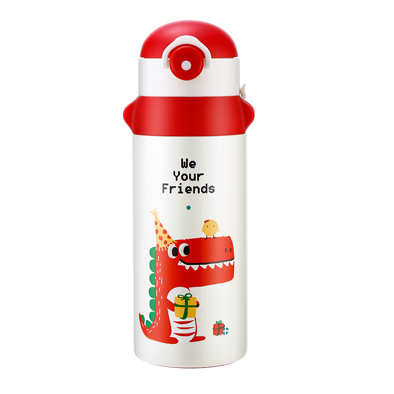 富光萌宝儿童保温杯水杯三盖带吸管背带抗菌不锈钢保温杯小学生幼儿园 620ml红色【抗菌304＋三盖】