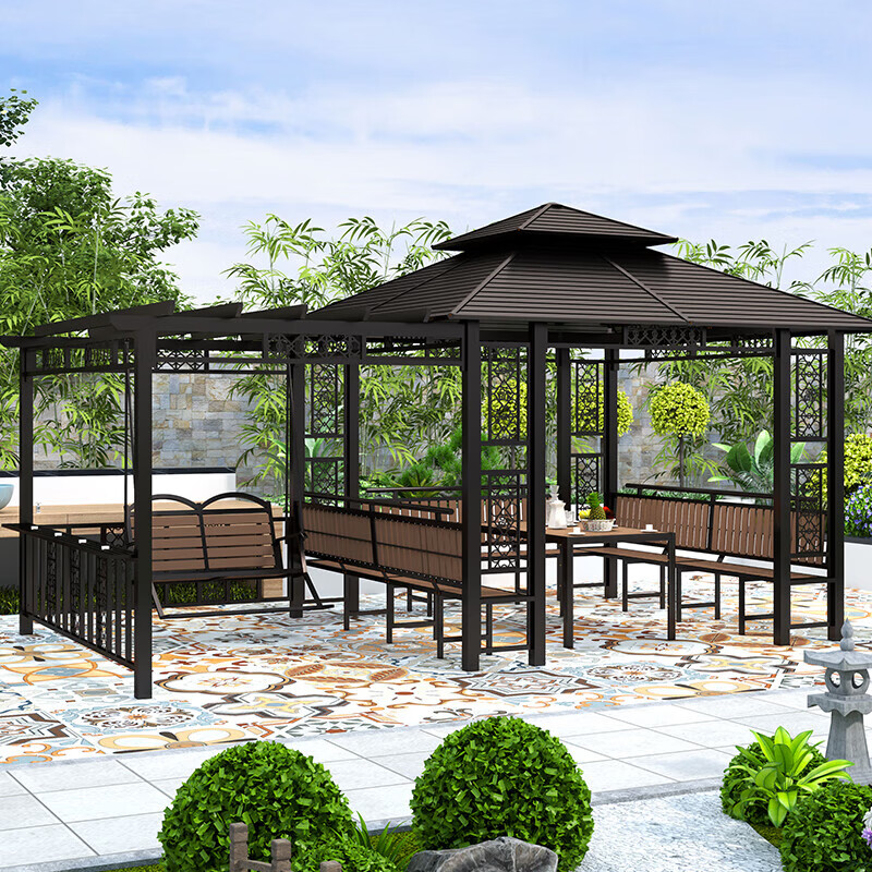 秋千户外凉亭葡萄架遮雨棚别墅庭院花园休闲亭子 3x5