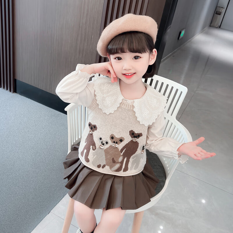 火柴果4岁女孩衣服女童套装春季新款3宝宝卡通毛衣马甲衬衣百褶裙三