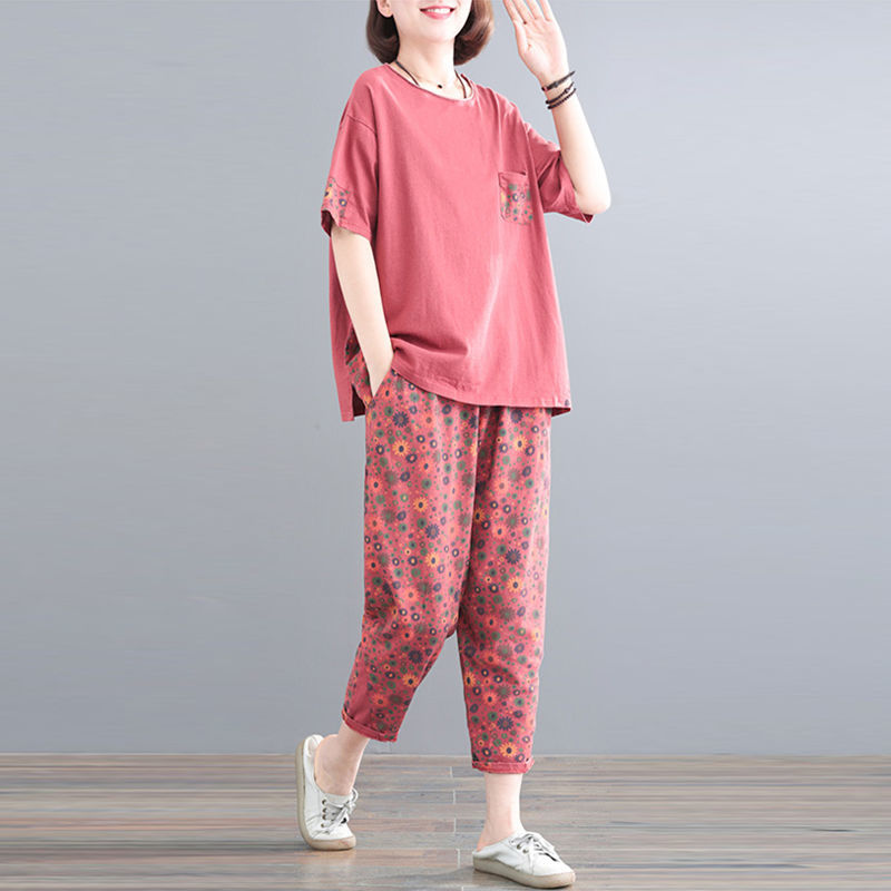 40岁50洋气大码休闲运动套装女中年夏天遮肉微胖妈妈装两件套 红色 l