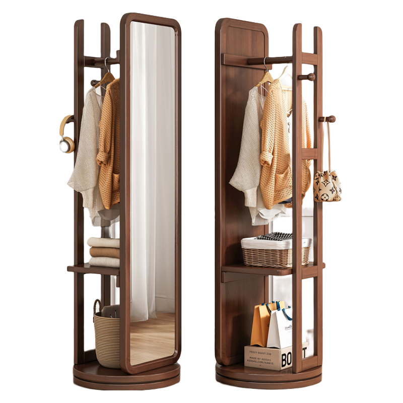 腾煜雅轩  实用全身穿衣镜挂衣架一体家用客厅立式镜子旋转落地多功能试衣镜 深胡桃色 自由旋转 稳固底盘