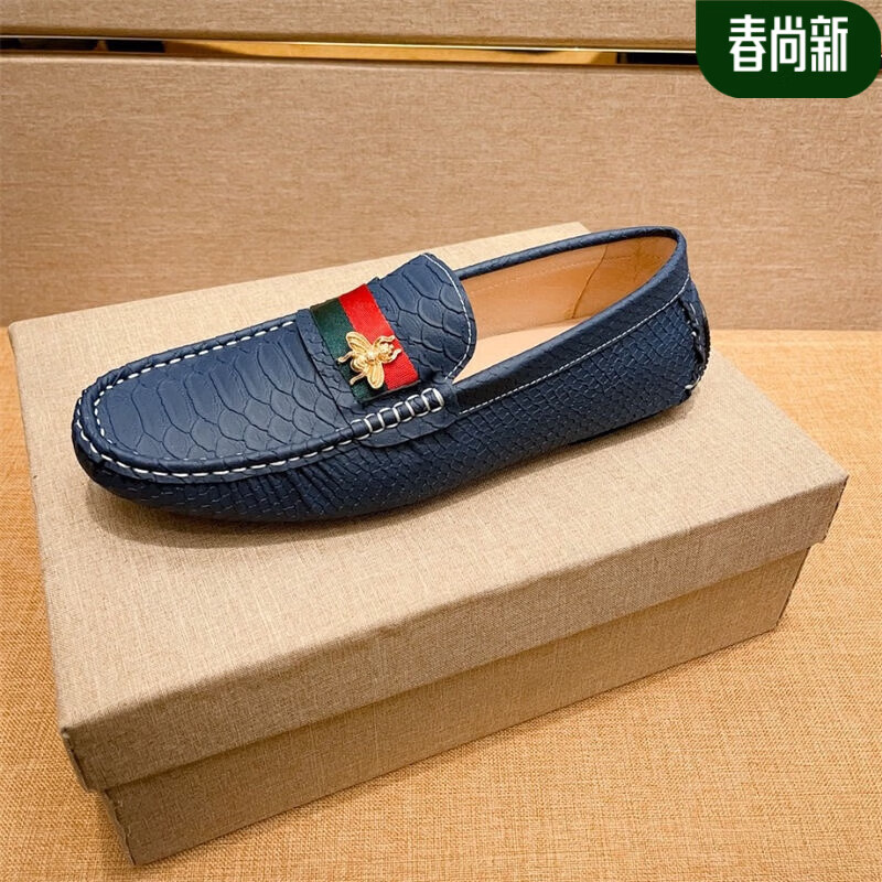 vfvq官方古新款g驰小蜜蜂男鞋真皮豆豆鞋百搭夏季懒人鞋一脚蹬鞋 古驰