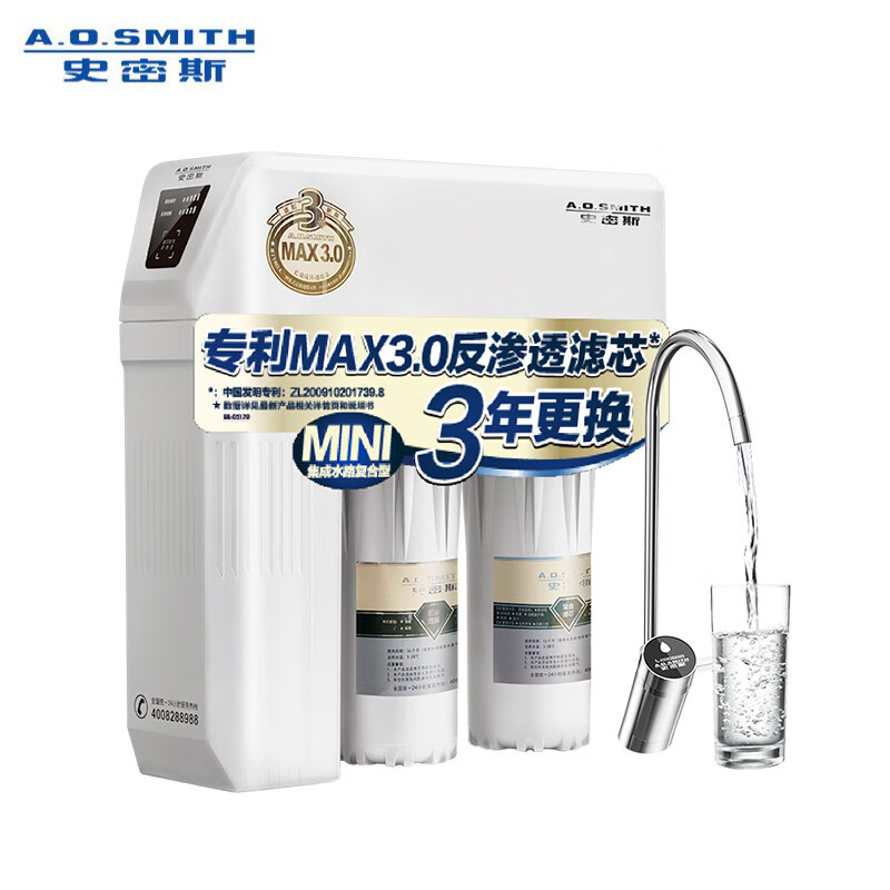 史密斯（A.O.SMITH）家用净水器 整机质保5年 专利MAX3.0反渗透滤芯 2升/分钟大流量 低废水 净水机 2000S