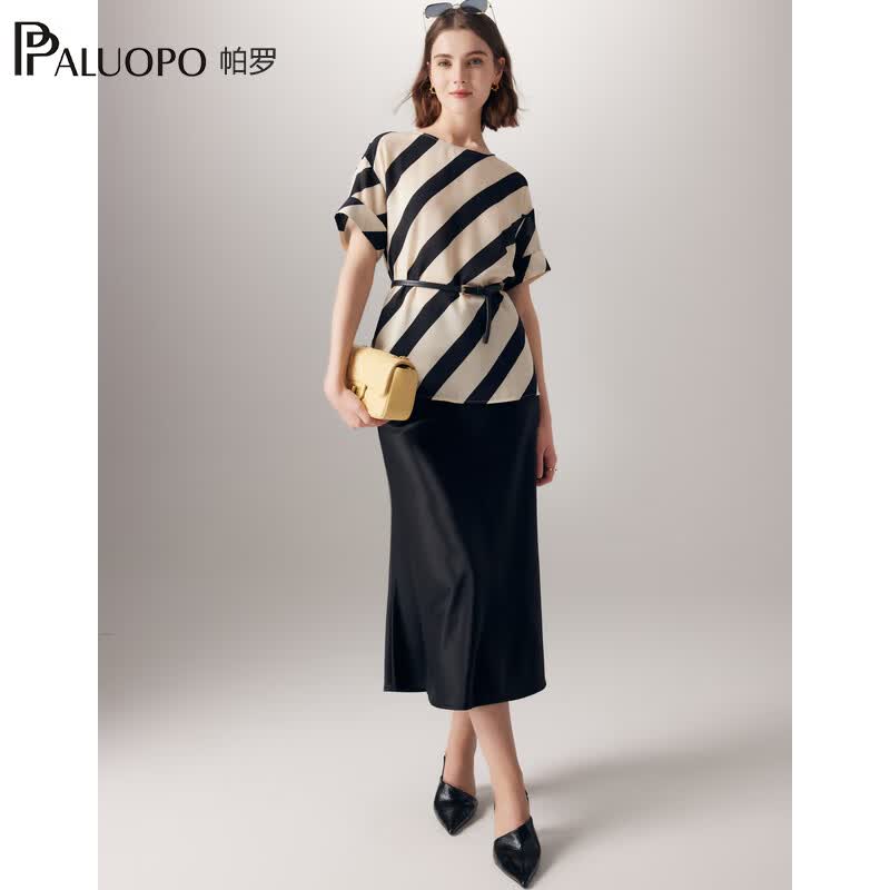 帕罗(PALUOPO)14姆米双绉真丝短袖t恤女条纹印花圆领100%桑蚕丝森休闲t体恤上衣 米黑 2XL (175/96A)