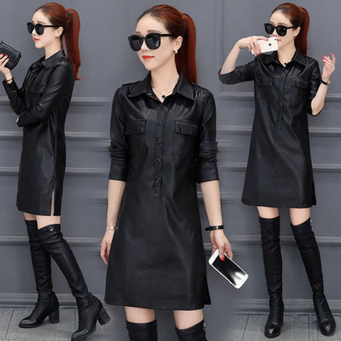 恺吉锐皮衣连衣裙女长袖春秋新款加绒显瘦中裙款pu皮裙包臀一步裙冬