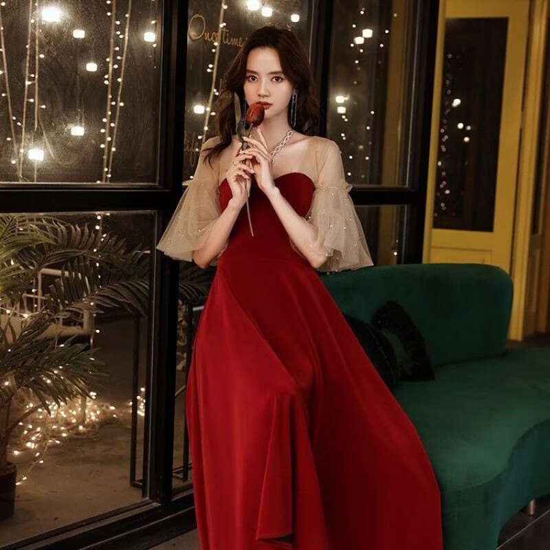 抹胸敬酒服秋季气质女装大气晚礼服平时可穿婚纱礼服网红连衣裙 红色