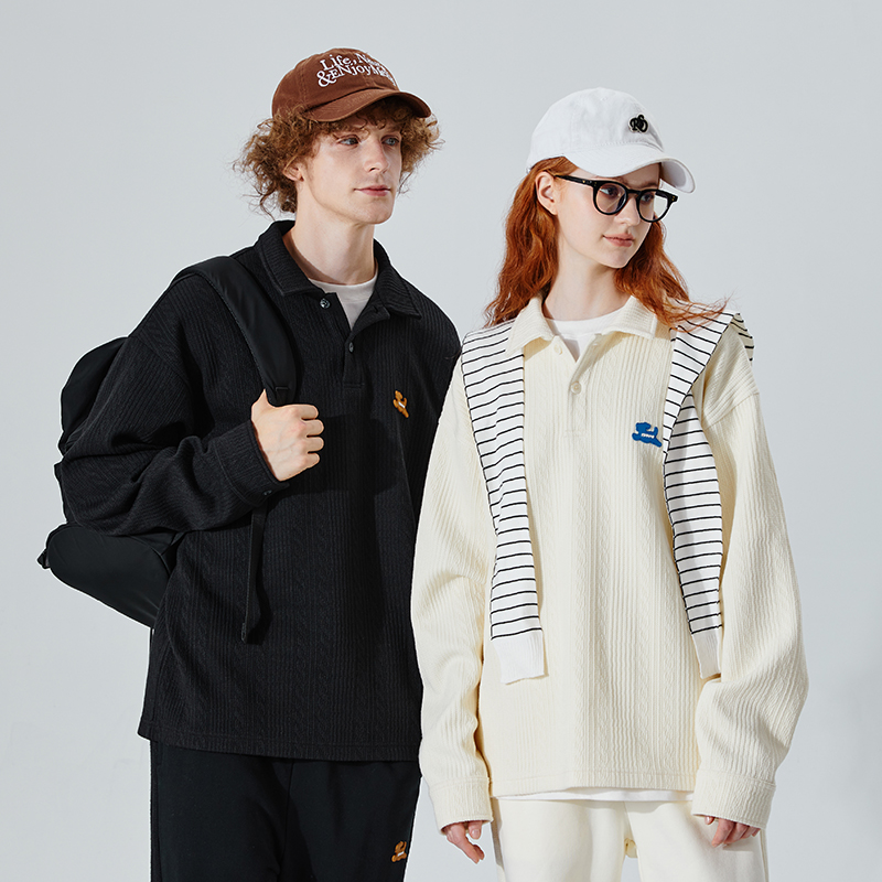 纹理针织小狗徽章polo毛衣长袖针织衫秋季情侣款男女 墨黑色 black m