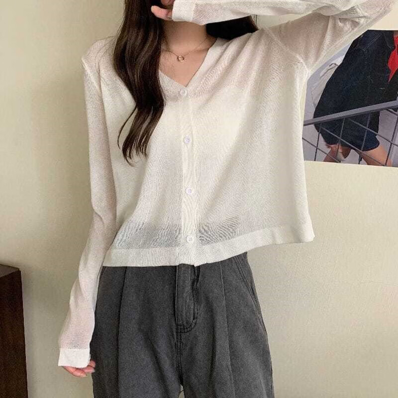 纤晟伊开衫毛衣外套女针织衫早春季2023新款宽松显瘦薄款抗晒衣短款上衣 白色 均码