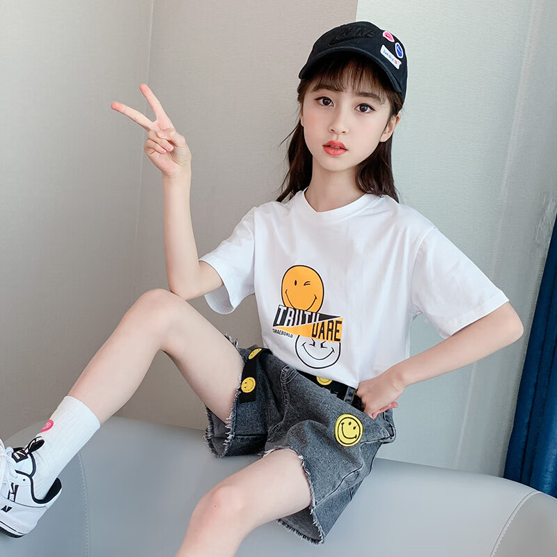 洽函女童夏装套装2021新款网红洋气短袖牛仔短裤两件套小女孩休闲装