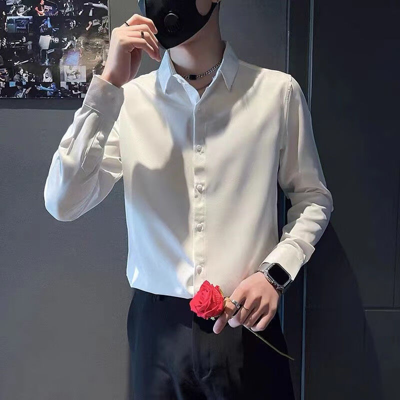 矢向新郎希努尔男装弹力长袖衬衫男韩版修身薄款纯色男士抗皱免烫青年