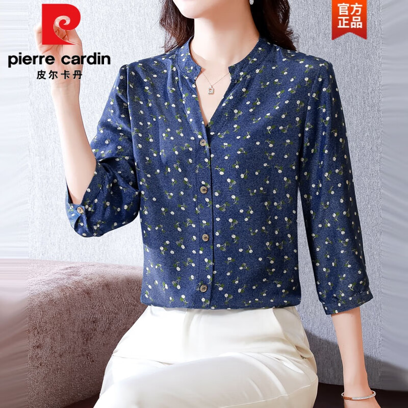 中年真丝桑蚕丝衬衫女夏季复古七分袖碎花香云纱上衣女 蓝底白花 l