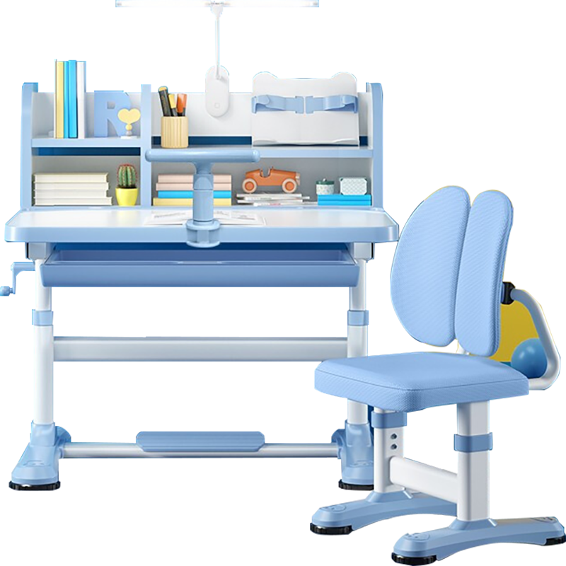 海旭成 儿童学习桌椅套装 实木手摇升降中小学生书桌 多功能小孩桌面可倾斜写字桌 儿童作业桌 礼贤蓝【护眼灯+纠姿器+阅读架】