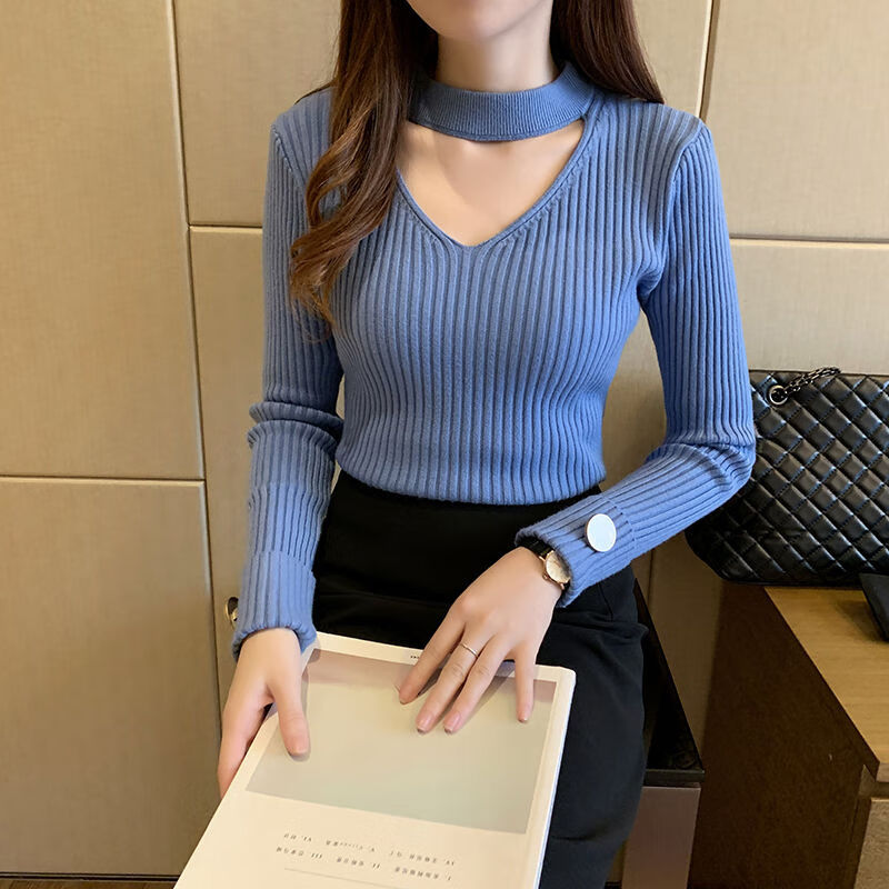 奕津秋冬女生显胸大性感低胸蕾丝打底衫女薄款挂脖圆v领镂空锁骨毛衣