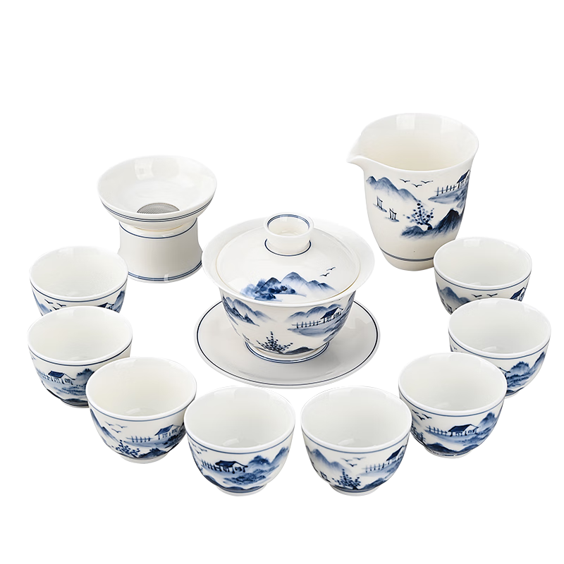 金鑲玉功夫茶具套裝 茶壺茶杯陶瓷送禮品盒高檔 手繪青山碧水茶具
