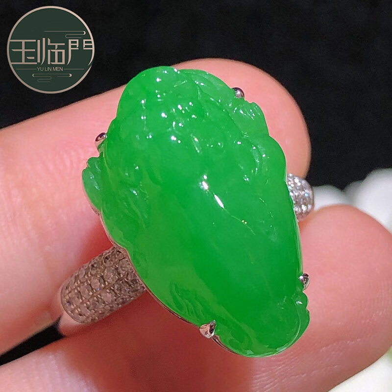 玉临门缅甸老坑天然a货翡翠冰种阳绿金蟾18k金镶嵌翡翠戒指15圈口 阳