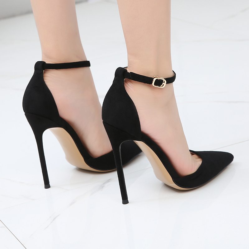 2021新款黑色绒面尖头高跟鞋女一字扣带凉鞋12cm细跟小仙女宴会鞋