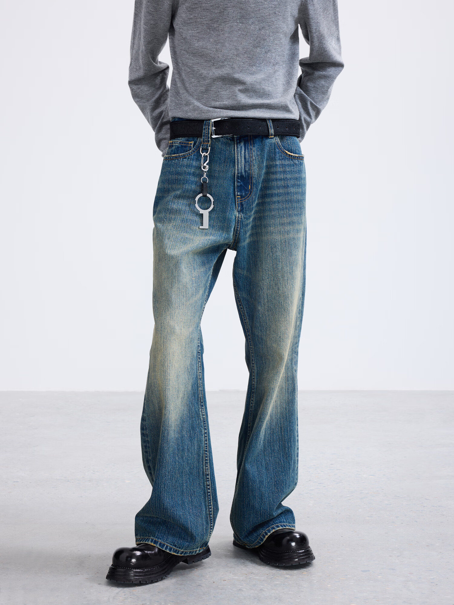 琉凤terraincognita23aw阔腿裤微水洗复古做旧竹节纹路牛仔长裤男女