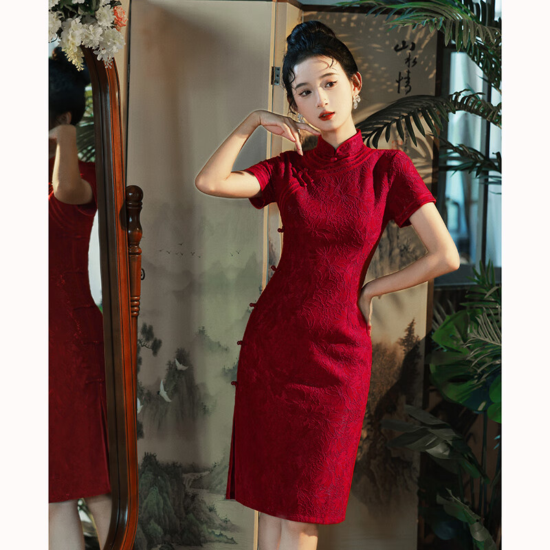 okkdey旗袍敬酒服新娘新中式夏季订婚连衣裙改良年轻款酒红色结婚礼服