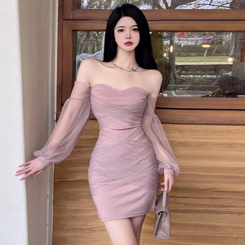 圣洛影宝名媛装法式纯欲风性感挂脖网纱抹胸裙收腰显瘦法式包臀性感