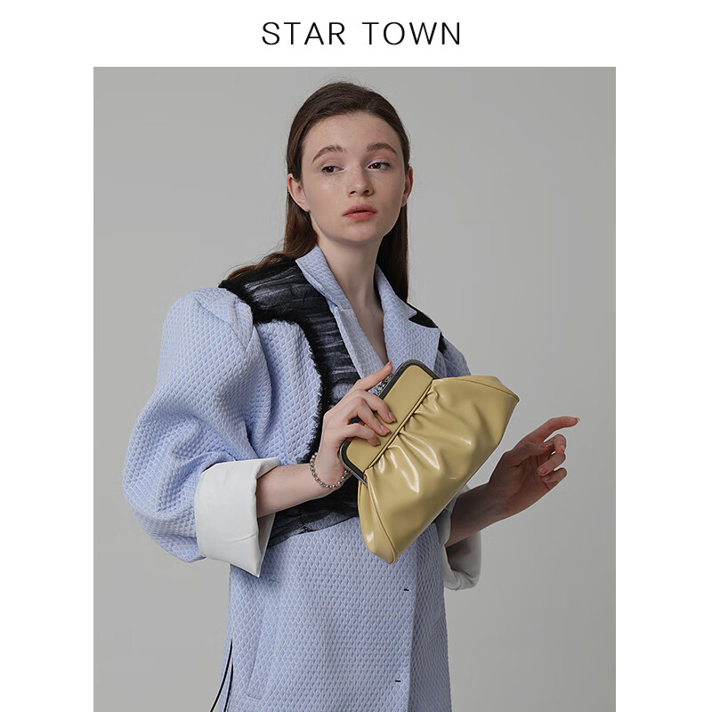 STAR TOWN繁星小镇 复古宴会潮流百搭 牛皮 夹子包斜挎手提包情人节 奶油金