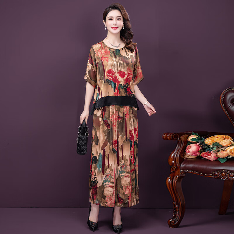 祈珏剪标款二件套香云纱印花夏真丝高端气质中年妈妈装时尚休闲 红色