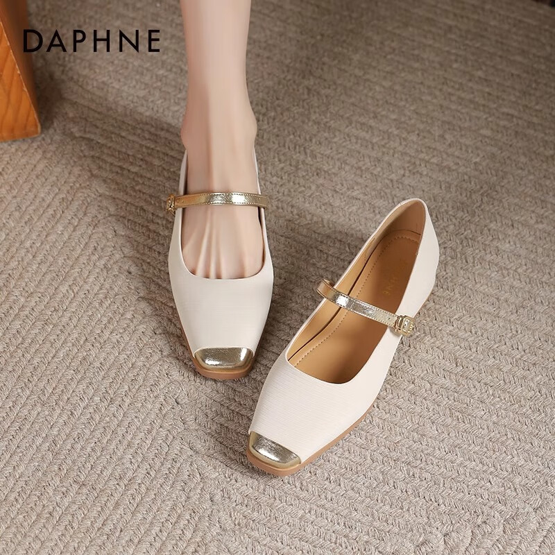 达芙妮玛丽珍女鞋2024新款春秋法式气质小香风皮鞋拼色一字扣单鞋QJ1Q 米金色 39