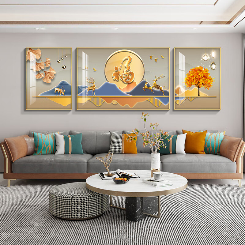 霜魄 福字装饰画 三连 客厅三联画轻奢现代福字挂画壁画大气沙发 福鹿