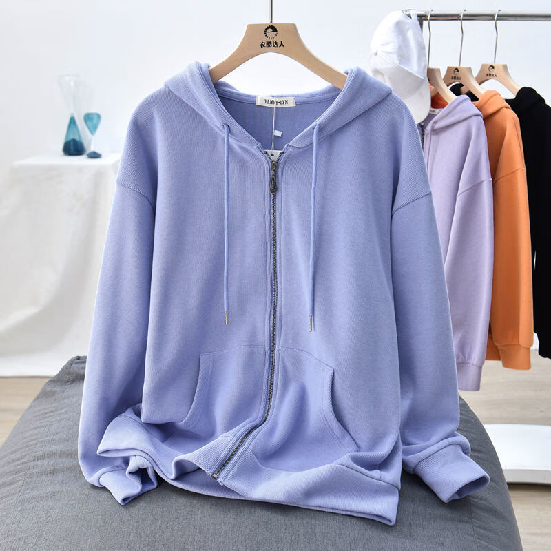 盐系拉链开衫连帽棉休闲卫衣女宽松2021年新款潮运动外套女春 蓝色 s