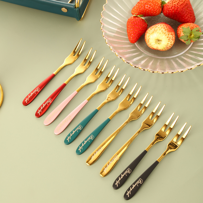 创意小叉子 轻奢高端水果签子 用304不锈钢 儿童果插 彩色英文果 (55