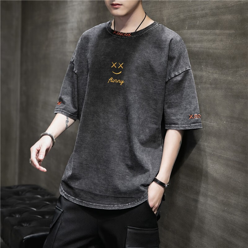 重磅牛仔短袖男士t恤ins潮流五分半袖夏季纯棉宽松水洗体恤 黑色 l