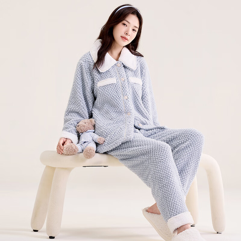 玛伦萨（manza）珊瑚绒睡衣女秋冬季加绒加厚保暖可外穿长袖长裤女士家居服套装 香芋紫 L