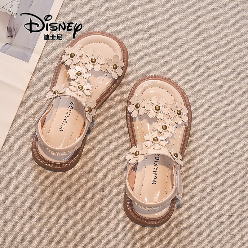 迪士尼（Disney）女童凉鞋夏款2024新款夏季皮软底中大童公主宝宝女童鞋儿童鞋子 米白色 34 码内长21cm