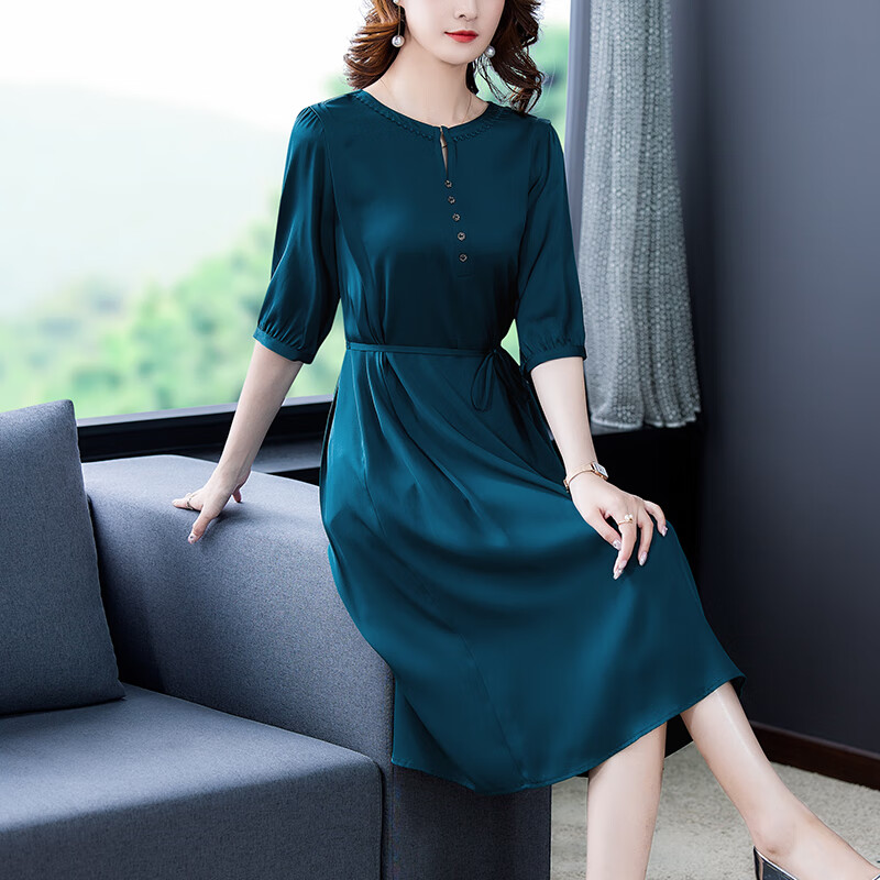 温莱蔓莎妈妈长裙中老年真丝桑蚕丝连衣裙春季新款中年妇女长袖香云纱
