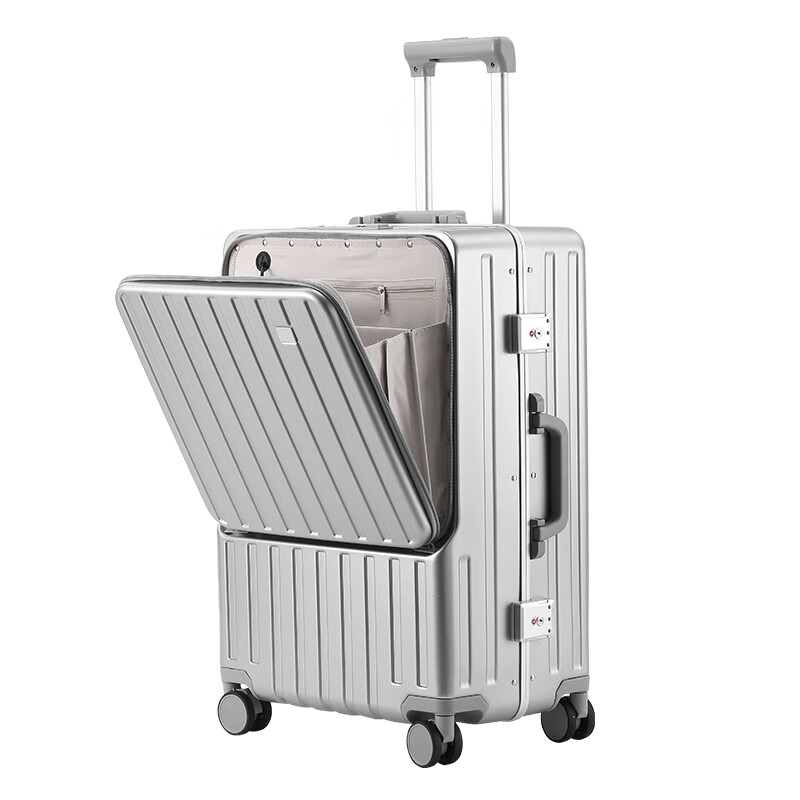 EBEN多功能拉杆箱铝框便携usb接口男登机行李箱女新款时尚耐用密码箱 银灰色 20吋