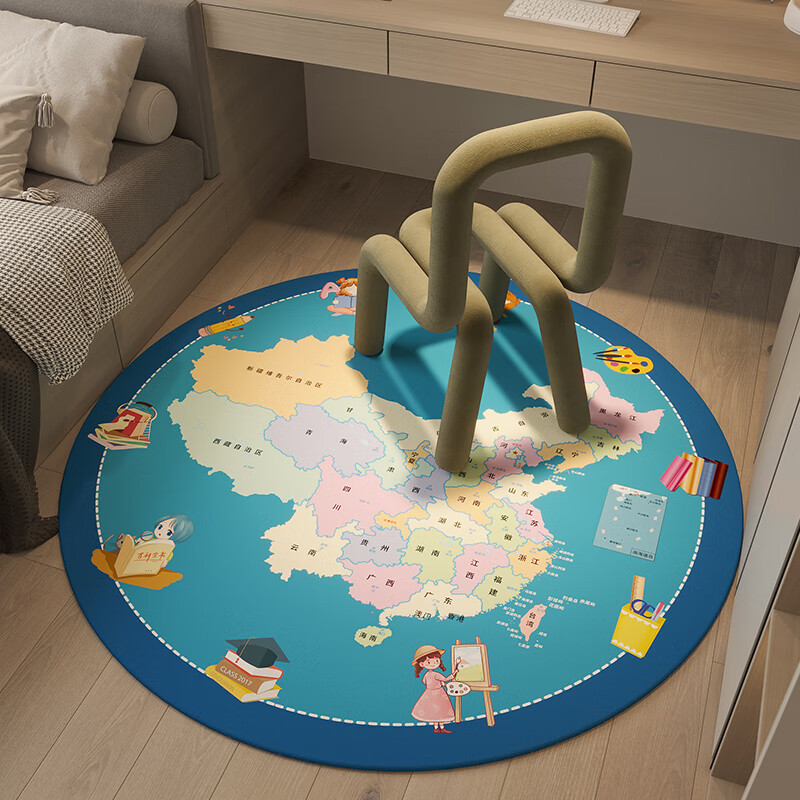 季象圆形电脑椅地垫客厅卧室毯子转椅垫书房家用椅子保护垫电竞椅脚垫 SJR-中国地图蓝-圆形 直径60cm